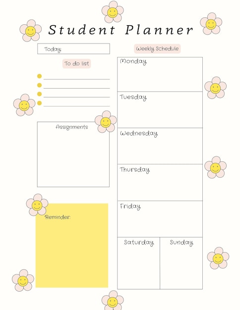 Plantilla impresible de la página en blanco digital del planificador estudiantil