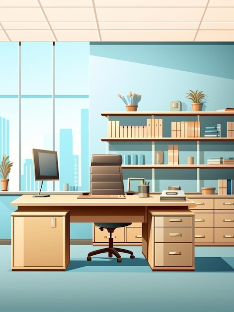 Foto plantilla de interiores de oficina con muebles de madera recepción lugar de trabajo para el jefe techo azul claro