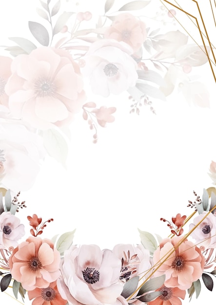 Plantilla de invitación de boda en acuarela con decoración floral y de hojas blancas rosas