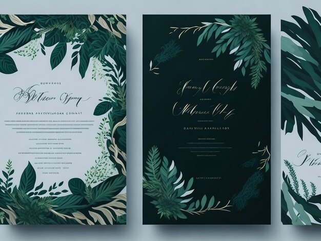 Foto plantilla de invitación de boda en acuarela con decoración floral y de hojas de color verde esmeralda