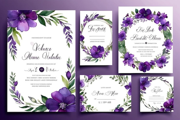 Plantilla de invitación de boda en acuarela con decoración floral y de hojas románticas púrpura violeta