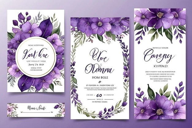 Foto plantilla de invitación de boda en acuarela con decoración floral y de hojas románticas púrpura violeta