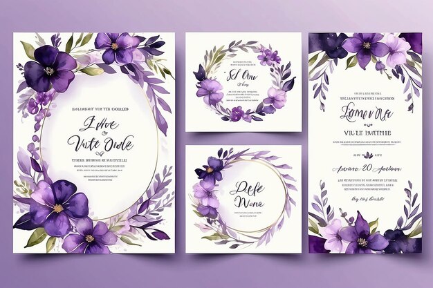 Plantilla de invitación de boda en acuarela con decoración floral y de hojas románticas púrpura violeta