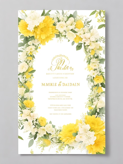 Plantilla de invitación de boda de corona floral premium Flores amarillas elegantes modernas