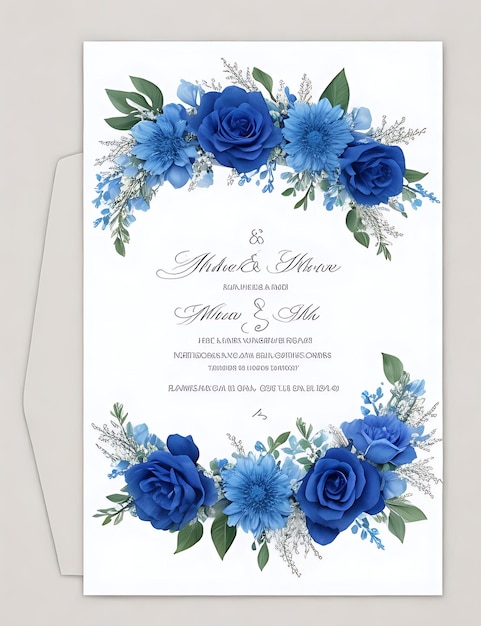 Plantilla de invitación de boda de corona floral premium Flores azules elegantes modernas