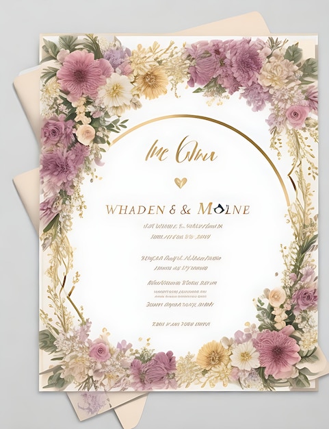 Plantilla de invitación de boda de corona floral premium Flores doradas elegantes modernas