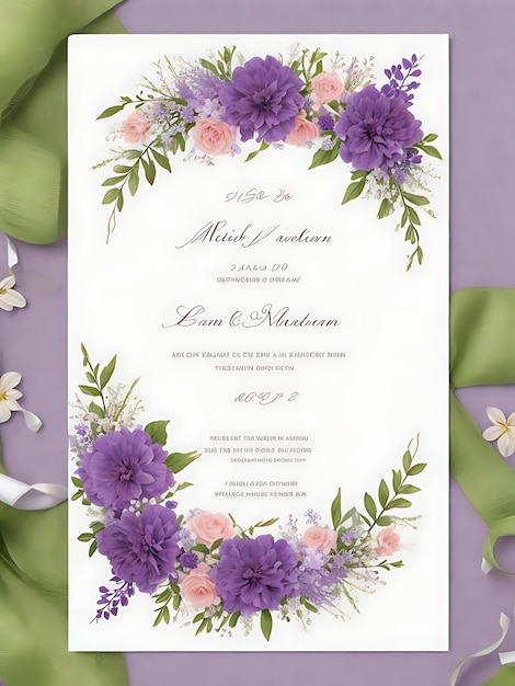 Foto plantilla invitación boda corona floral premium modernas elegantes flores púrpuras