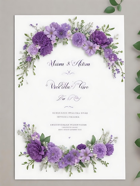 Foto plantilla invitación boda corona floral premium modernas elegantes flores púrpuras