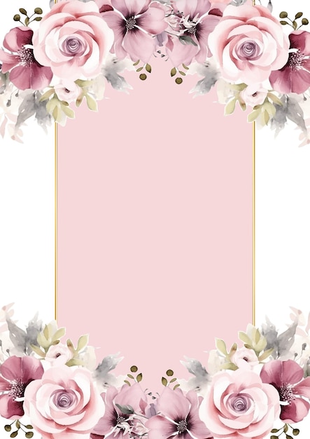 Plantilla de invitación floral vectorial para bodas con rosas de acuarela rosa y melocotón y decoración de hojas