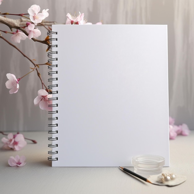 plantilla de libro blanco con flores de cerezo frescas y papel