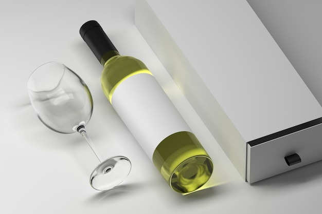 Plantilla de maqueta de botella de vino bebida alcohólica con etiqueta blanca en blanco y caja de regalo larga con vidrio transparente