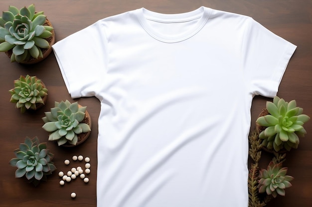 Plantilla de maqueta de camiseta blanca con suculentas Fashion Showcase Generative Ai