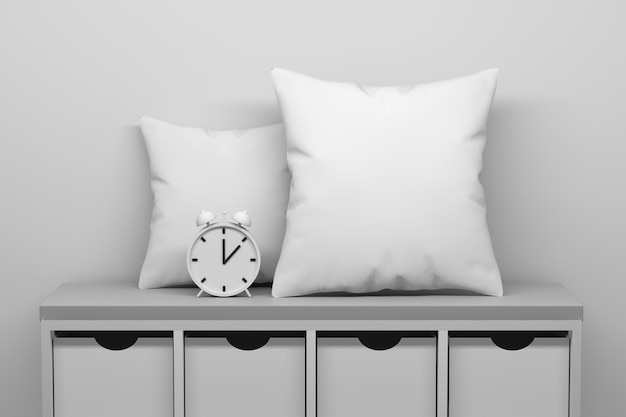 Foto plantilla de maqueta con dos almohadas blancas en blanco y un reloj de pie en un armario con cajones