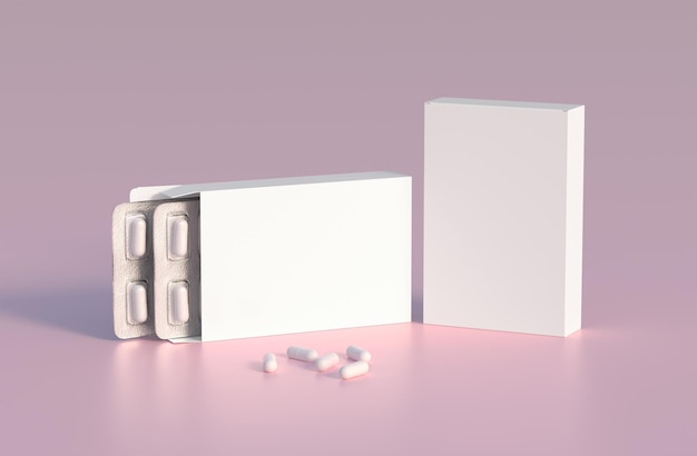 Plantilla de maqueta con dos ampollas con cápsulas de pastillas blancas en cajas de embalaje 3d render