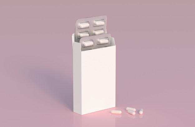 Plantilla de maqueta con dos ampollas con cápsulas de pastillas blancas en cajas de embalaje 3d render