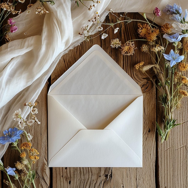 plantilla de maqueta de foto de estilo Liner de sobre de boda rústico con flores silvestres