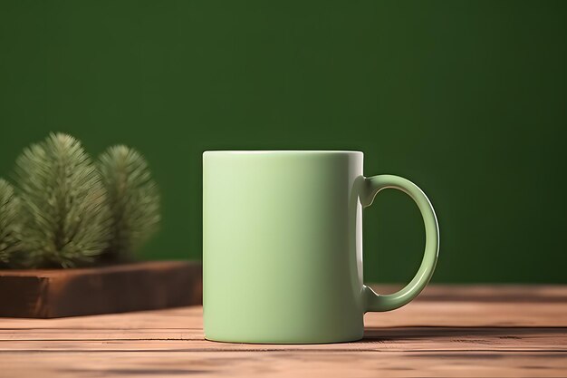 Foto plantilla de maqueta de taza verde en un fondo de madera