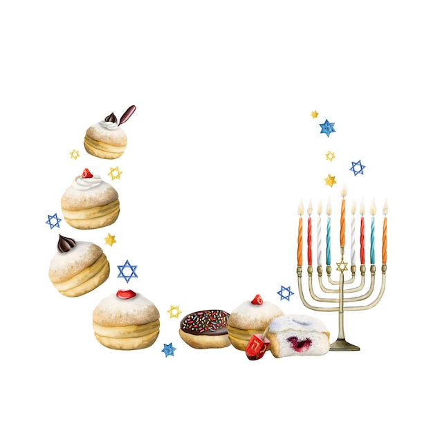 Plantilla de marco redondo de acuarela de Hanukkah con símbolos de Hanuka, menorah, velas, dreidel, donuts