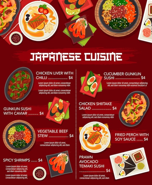 Foto plantilla de menú de vector de cocina japonesa comidas de japón