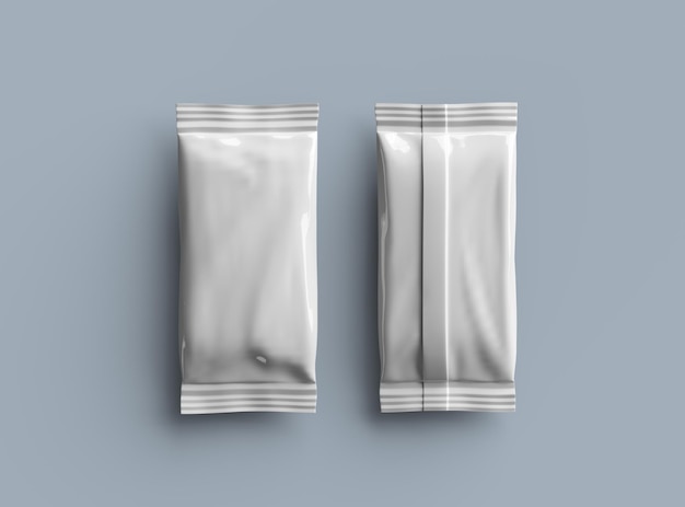 Plantilla de mockup con renderizado 3D para una bolsa de embalaje de helado sellada, genérica y brillante sobre un fondo claro