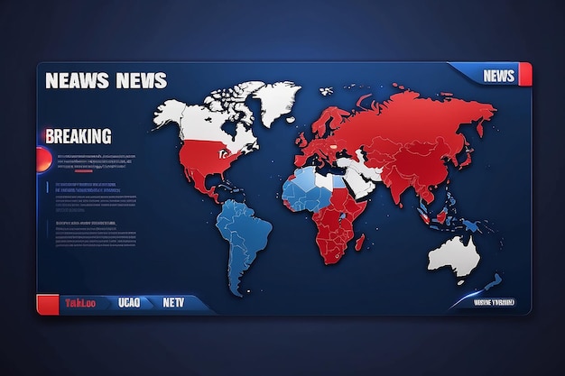 Plantilla de noticias de última hora con insignia roja y azul 3D Texto de noticias de primera hora en azul oscuro con fondo de la tierra y el mapa del mundo