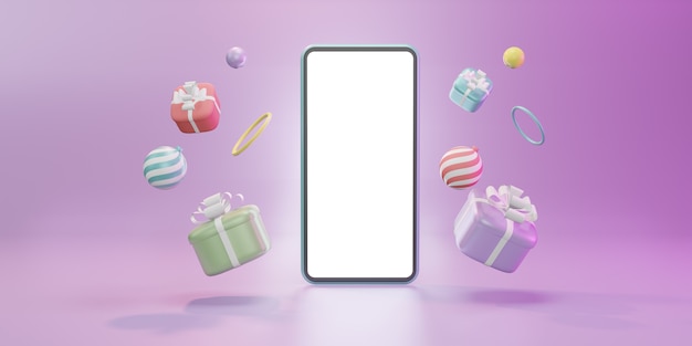 Plantilla de pantalla en blanco de smartphone con caja de regalo de Navidad, bolas, ilustración 3d