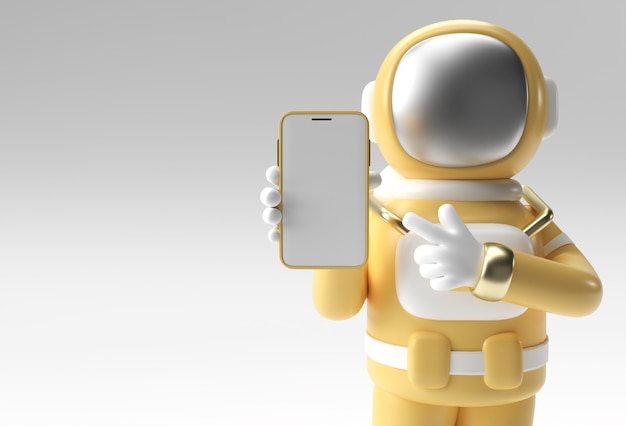 Foto plantilla de pantalla en blanco de smartphone de dedo acusador de mano de astronauta. maqueta de moda abstracta de moda. representación 3d de la aplicación móvil del teléfono en blanco.