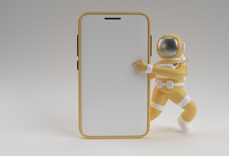 Foto plantilla de pantalla en blanco de smartphone con dedo acusador de mano de astronauta. maqueta de moda abstracta de moda. representación 3d de la aplicación móvil del teléfono en blanco.