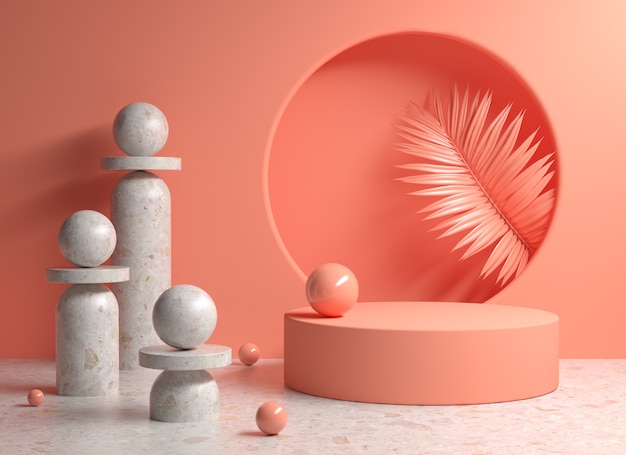 Plantilla de plataforma de tono de color melocotón con piedra de geometría abstracta y fondo de hojas de palma render 3d