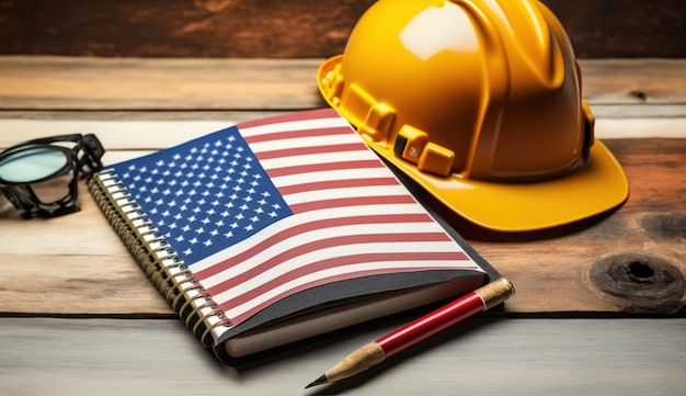 Plantilla de póster del Día del Trabajo Celebración del Día del Trabajo de EE. UU. Con bandera estadounidense Casco de seguridad y herramientas