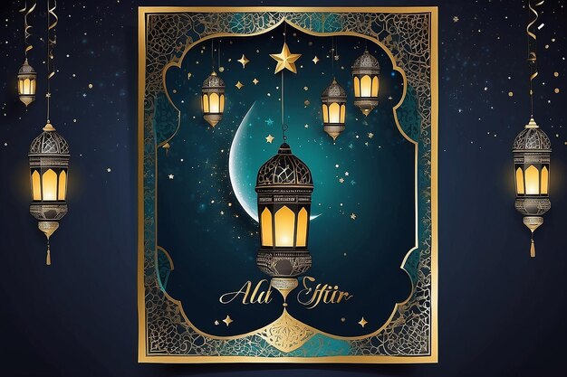 plantilla de póster de Eid al fitr con un fondo de linterna en la noche