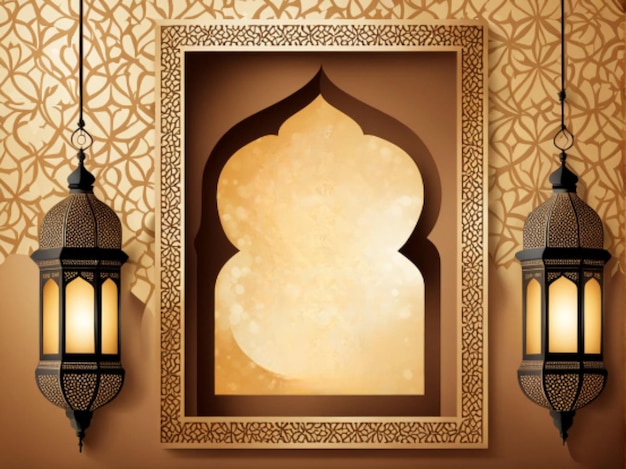 plantilla de póster de Eid al fitr con linterna y fondo de la ventana de la mezquita