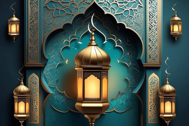 plantilla de póster de Eid al fitr con linterna y ventana de la mezquita fondo tarjetas de felicitación islámicas