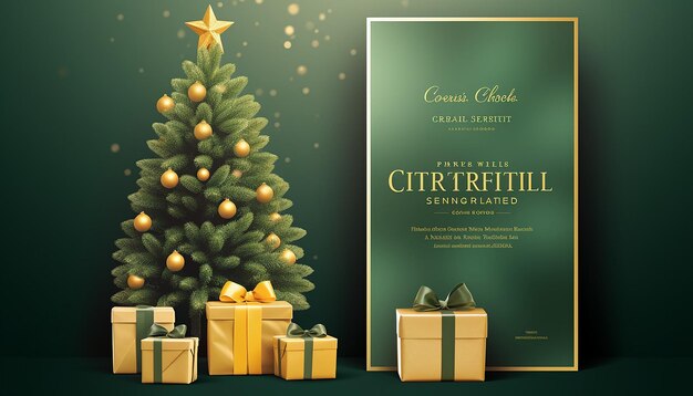 Plantilla de póster de evento navideño con un árbol de Navidad y regalos.