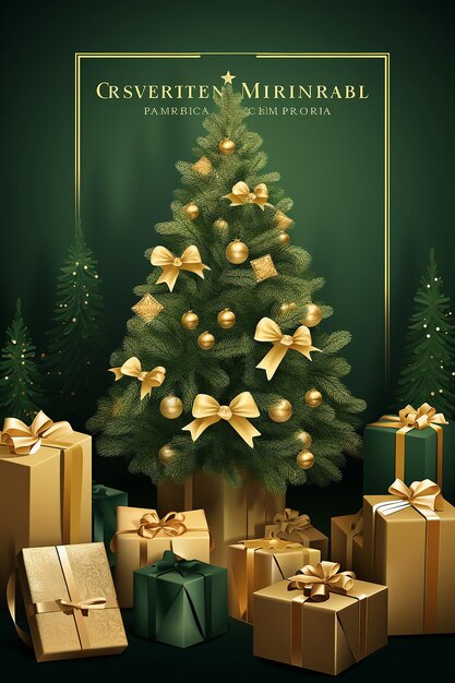 Plantilla de póster de evento navideño con un árbol de Navidad y regalos.