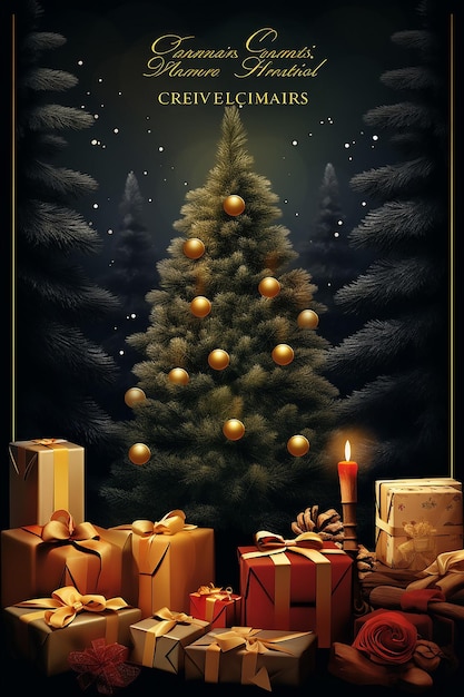 Plantilla de póster de evento navideño con un árbol de Navidad y regalos.