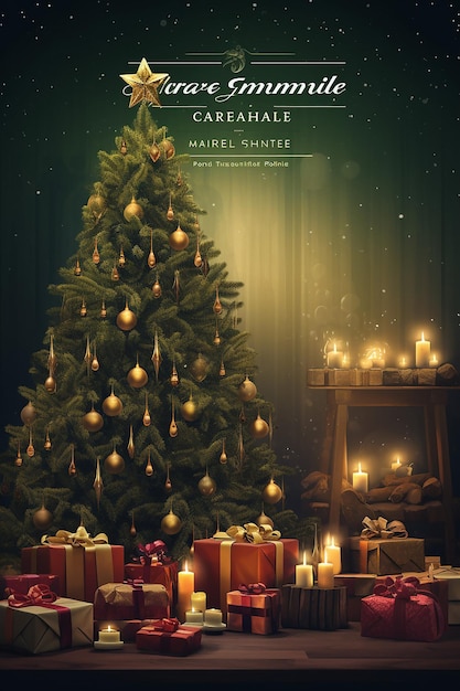 Plantilla de póster de evento navideño con un árbol de Navidad y regalos.