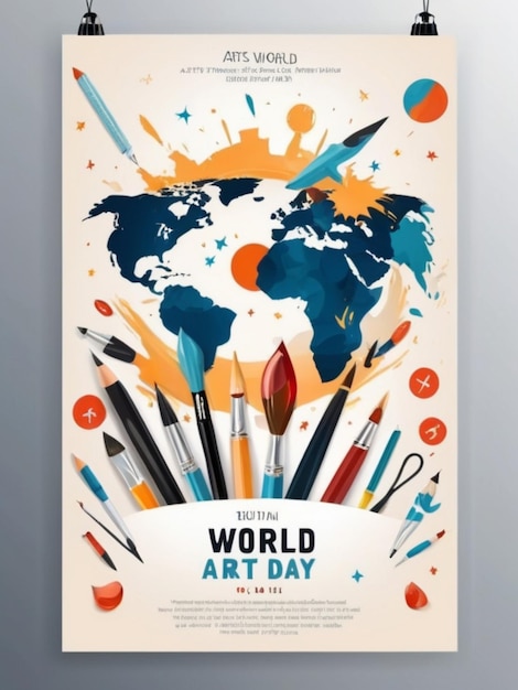 Foto plantilla de póster vertical del día del arte mundial plano con herramientas artísticas