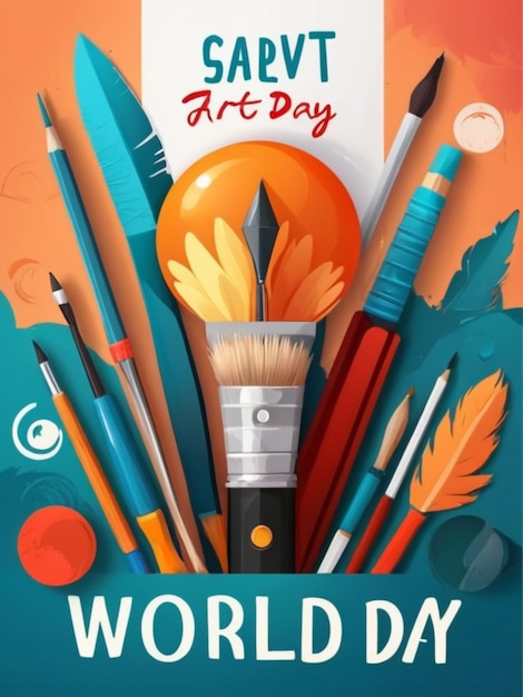 plantilla de póster vertical del día del arte mundial plano con herramientas artísticas