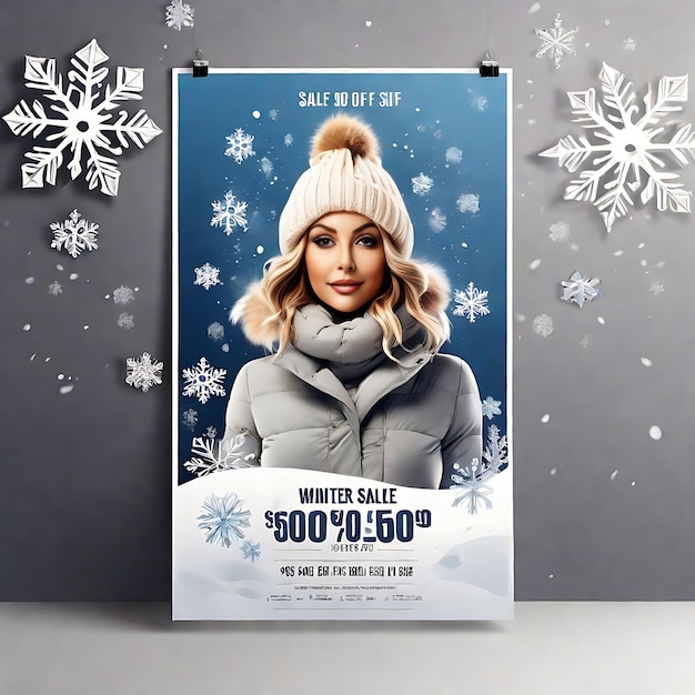 Plantilla de póster vertical PSD gratuita para rebajas de invierno con mujer y copos de nieve