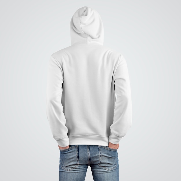 Plantilla de presentación de una maqueta de sudadera con capucha blanca en un chico joven, vista trasera. Diseño de indumentaria moderna para la tienda. Ropa de hombre con capucha