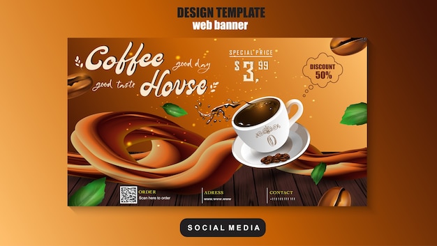 Plantilla de promoción de redes sociales e internet de café. Publicidad, banner publicitario, marketing de productos. EPS 10.