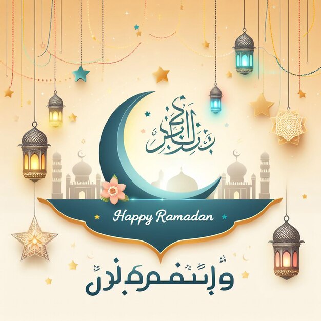 Foto una plantilla de ramadán con una mezquita una estrella y un mensaje festivo en árabe e inglés