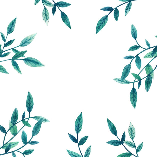 Foto plantilla con ramas verdes de hojas. marco floral. ilustración acuarela dibujada a mano. etiqueta botánica.