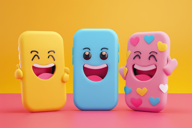 plantilla de redes sociales móviles ilustración de icono de sonrisa tiempo de marketing extremadamente realista abstracto estilo de dibujos animados 3D teléfono de mano envía emoticones de emociones a los amigos realista