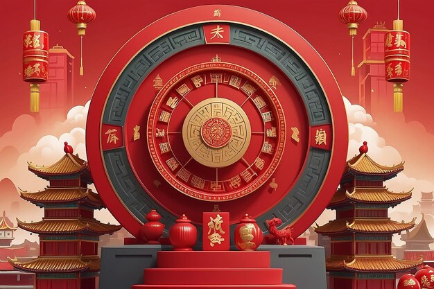 plantilla de rueda giratoria 3D CNY Ilustración de una rueda de la suerte con un edificio chino en la parte posterior sobre fondo rojo
