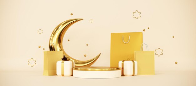 plantilla de saludo de Ramadán Kareem con linterna árabe regalos de luna y estrellas renderizado en 3D