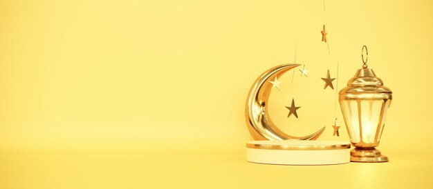 plantilla de saludo de Ramadán Kareem con linterna árabe regalos de luna y estrellas renderizado en 3D