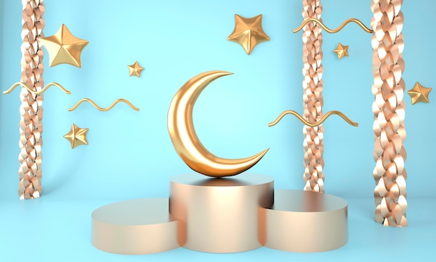 Plantilla de saludo de Ramadán Kareem con soporte de podio de luna sobre fondo claro de vacaciones para productos publicitarios Ilustración de renderizado 3d para tarjetas de felicitación