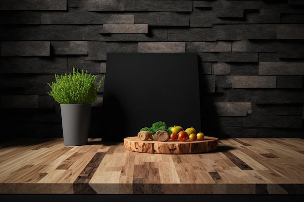 Una plantilla simulada para una exhibición o montaje de productos muestra una mesa de madera